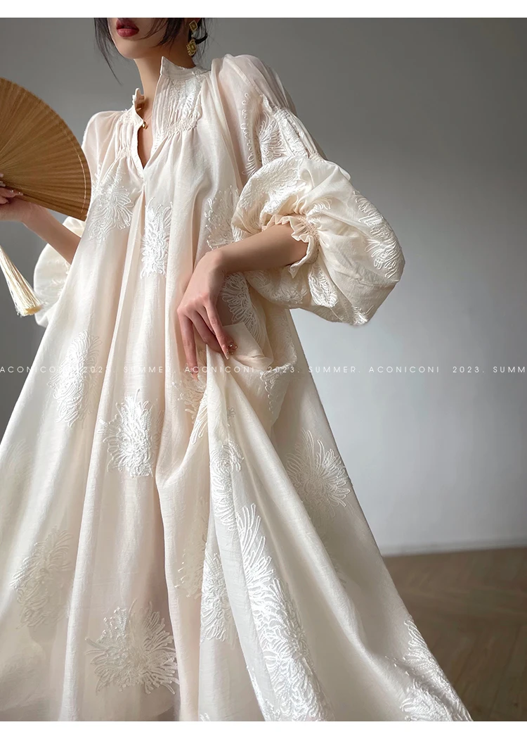 Spring Women Embroidery Evening Party Dresses Elegant Lantern Sleeve Vintage Casual A-Line Dress Female Fashion Vestidos Robe