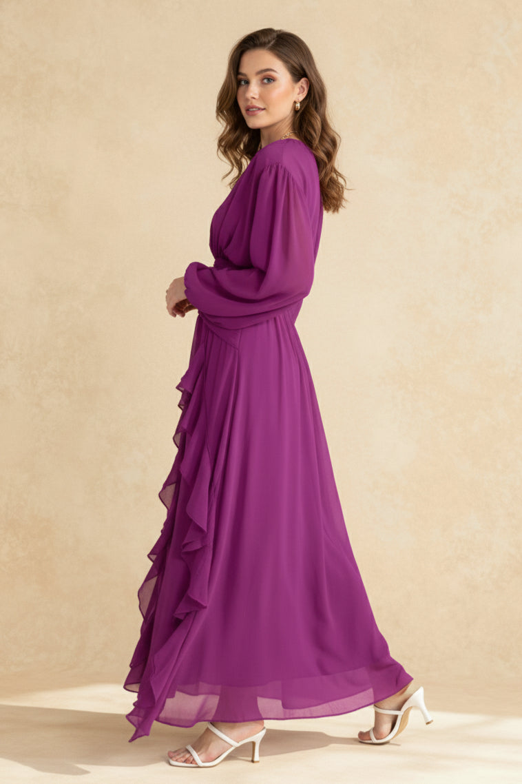 Chiffon Bishop Sleeve High Neck Ruched Waist Cascading Ruffle Tier Maxi Dress
