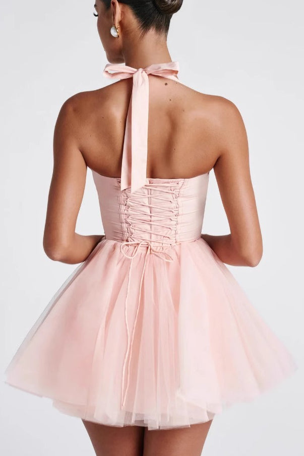 Boned Halter Lace Tie Waist Tulle Overlay Mini Dress
