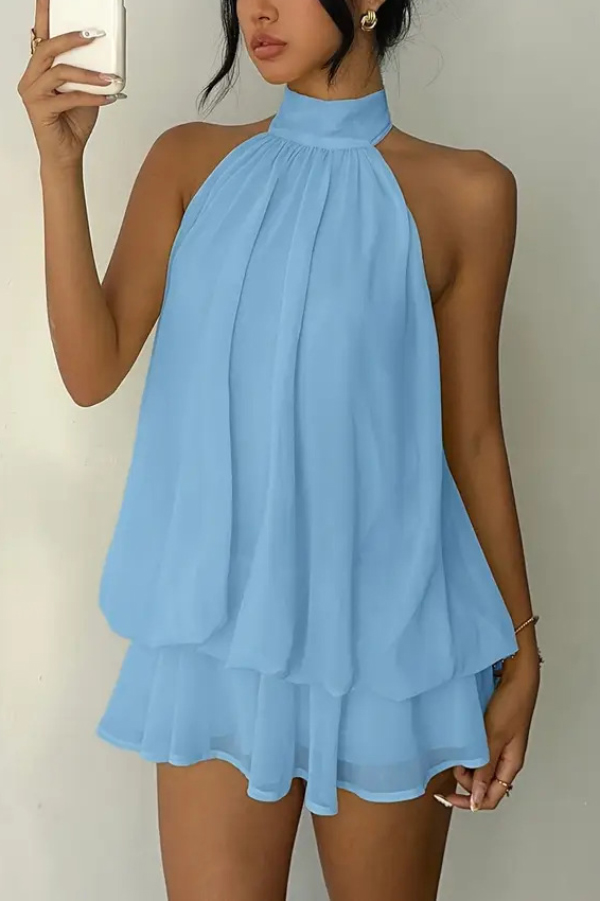 Fashionable Chiffon Halter Neck Backless Lace-up Casual Vacation Mini Dress