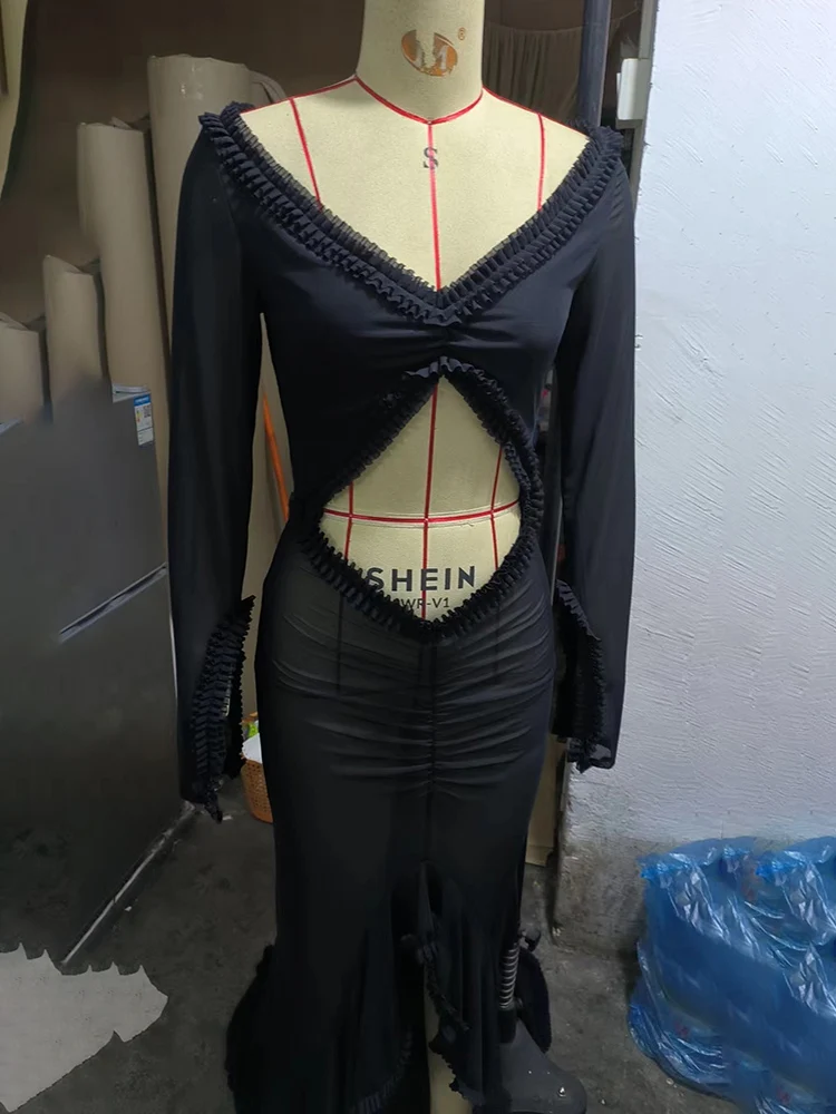 Ootddress Deep V Neck Sheer Dress For Women Elegant Slim Hollow Out Dress Femme Holiday Beach Sexy Ruffle Slit Evening Dress Ladies