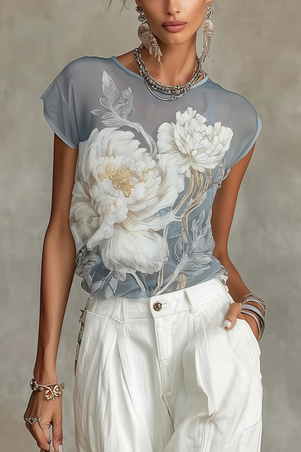 Peony Print Round Neck Chiffon Blouse