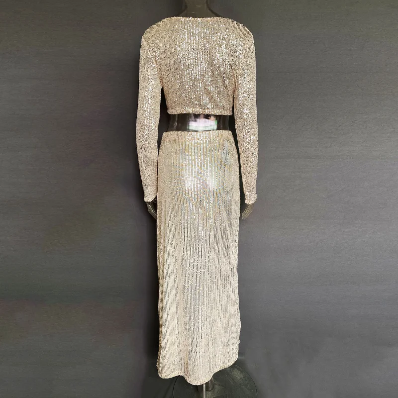 Ootddress Sequins Loose Dress Sets Women Long Sleeve Crop Tops High Waist Sexy Maxi Skirts Ladies Two Piece Suits Womens Outifits