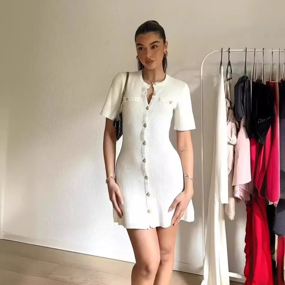 Solid Color Elegant Knitted Mini Dress For Women Metal Button Sexy Slim Rib Sweater Dress Holiday Party Outfits Spring 2025 New