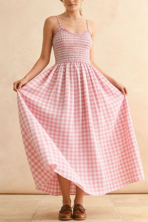 Stylish Plaid Print Spaghetti Strap Ruched Casual Pocket Maxi Dress