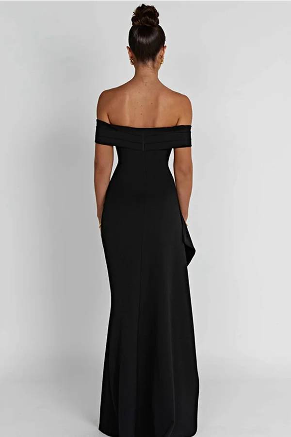 Off Shoulder Ruched High Split Bodycon Maxi Dress