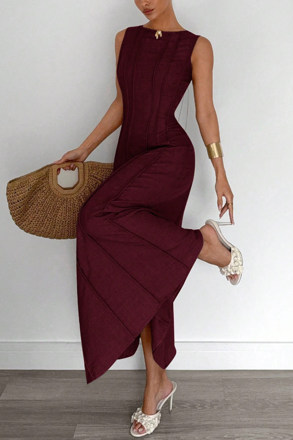 Solid Color Round Neck Sleeveless Elegant Pleated Casual Maxi Dress