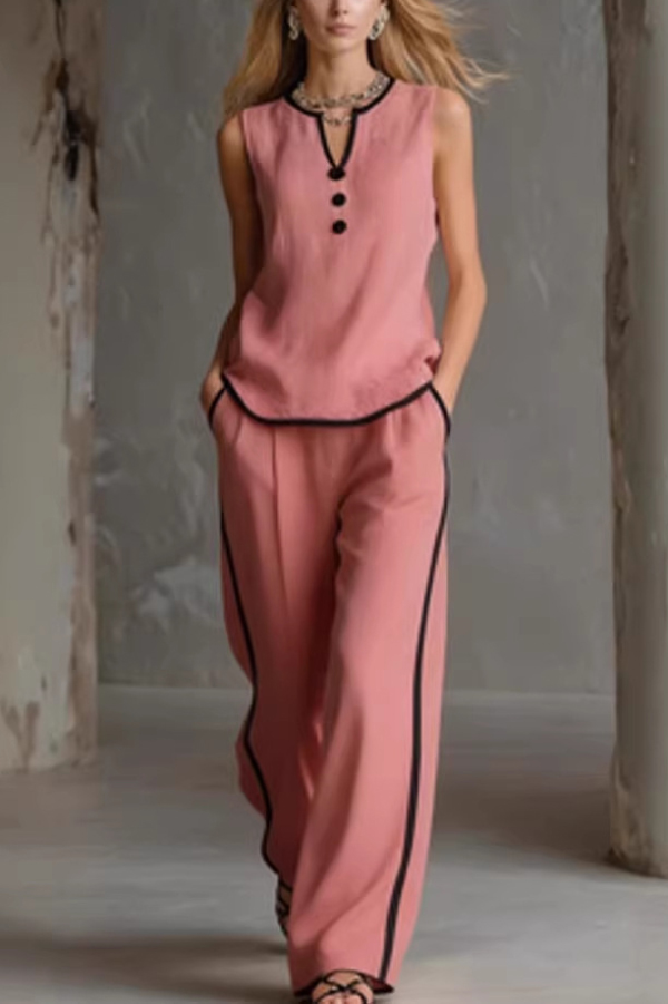 Stylish Color-blocked Sleeveless V-neck Top and Elastic Waist Pockets Casual Wide-leg Pants Set