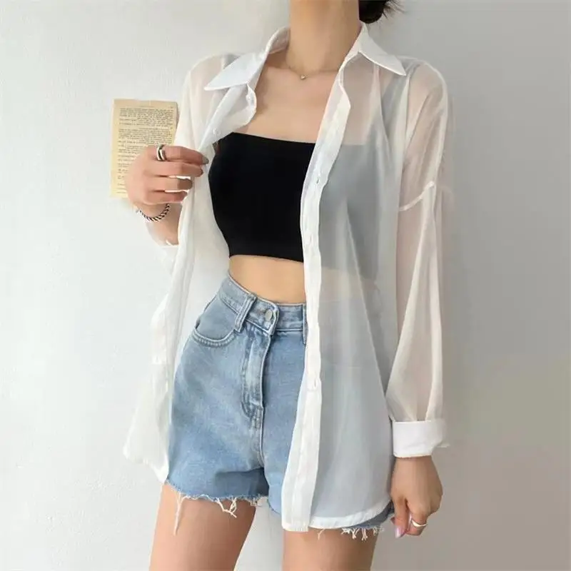 Perspective Shirts Women Sheer Thin Chic Summer Simple Solid Sun-proof Top Fashion Blouse Baggy All-match Basic Korean Clothing