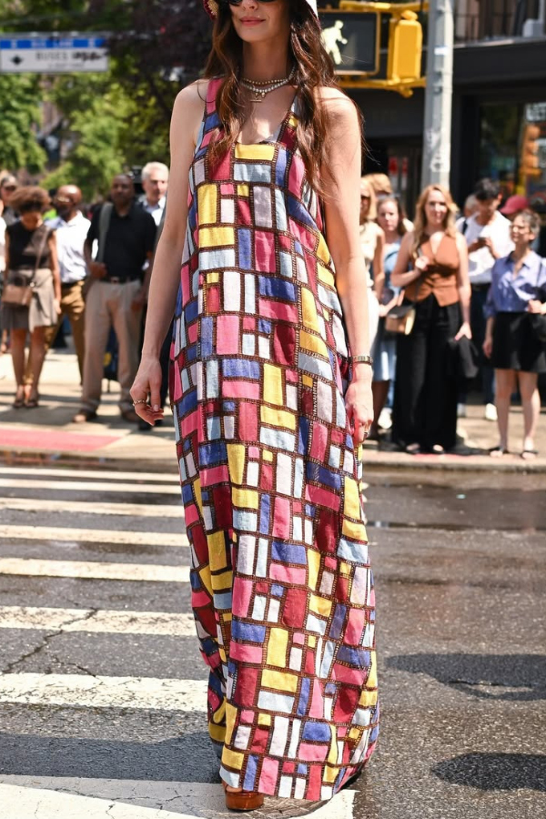 Stylish Color-blocked Plaid Print Sleeveless Round Neck Loose Maxi Dress