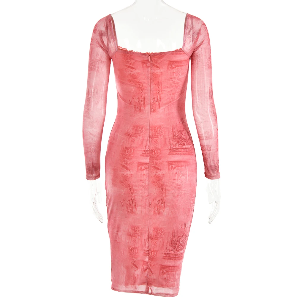 Ootddress-Long Sleeve Printed Dress for Women, Bodycon Lace Midi Dress, Elegant Party Evening Dress, Square Neck, Autumn,