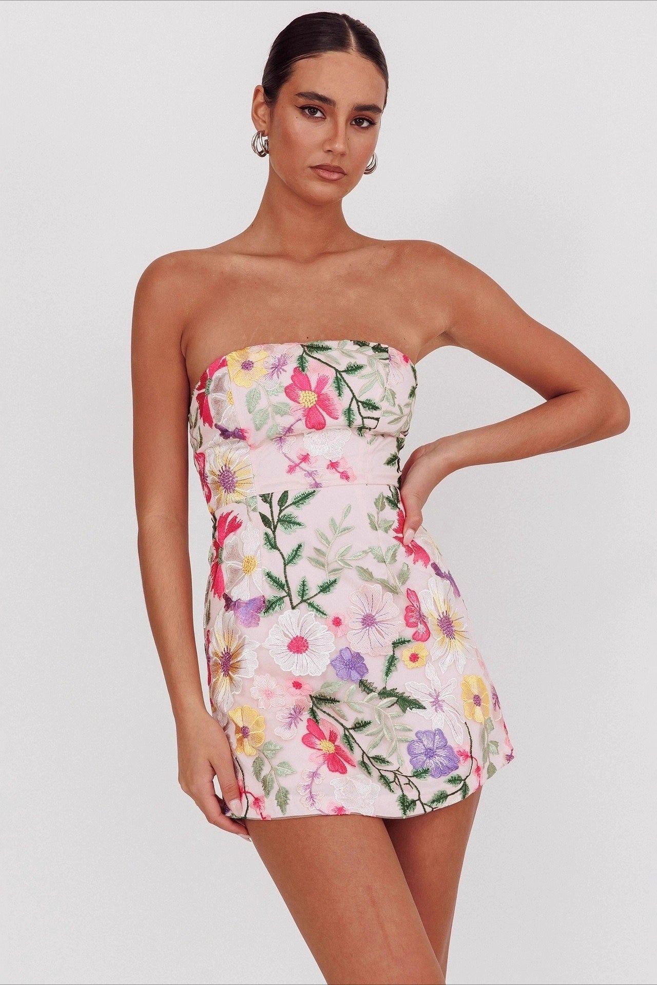 Strapless Dense Floral Embroidery Sheer Mesh Bodycon Mini Dress