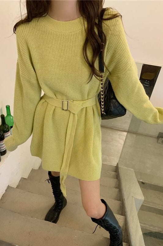 Rib Knit Belted Square Buckle Balloon Sleeve Sweater Mini Dress