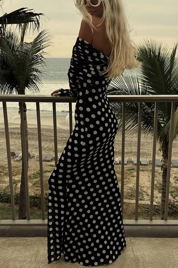 Polka Dot Off-the-Shoulder Ruched Long Sleeve Maxi Dress