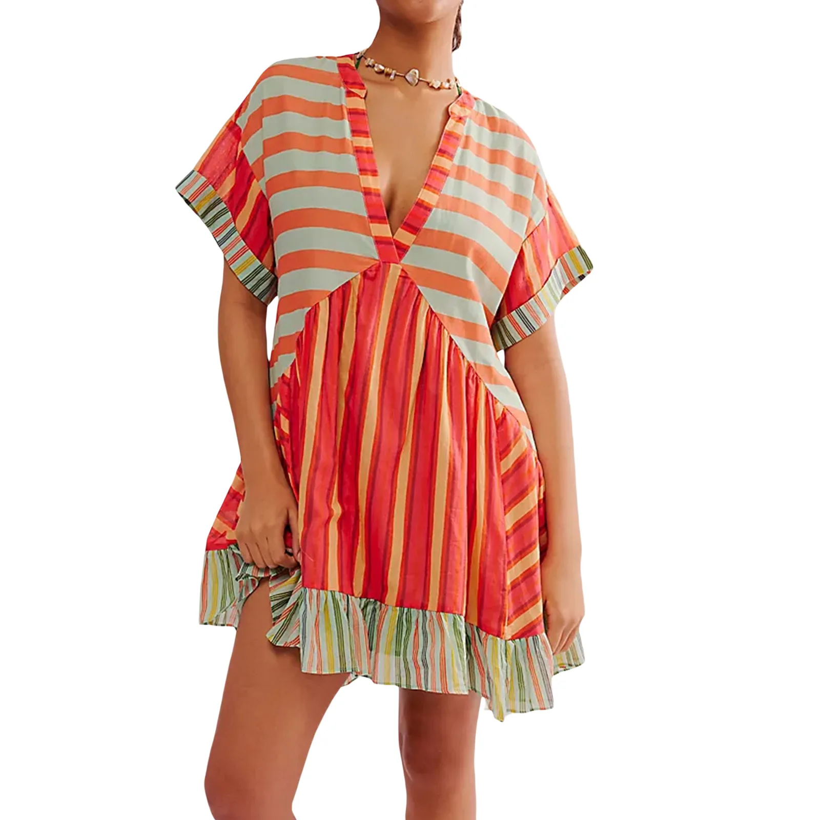 Color Vintage Print Mini Dresses Women Spring Summer New V-neck Short Sleeves Folds Loose Irregular Short Dress Fashion Vestidos 8 Color Vintage Print Mini Dresses Women Spring Summer New V-neck Short Sleeves Folds Loose Irregular Short Dress Fashion Vestidos