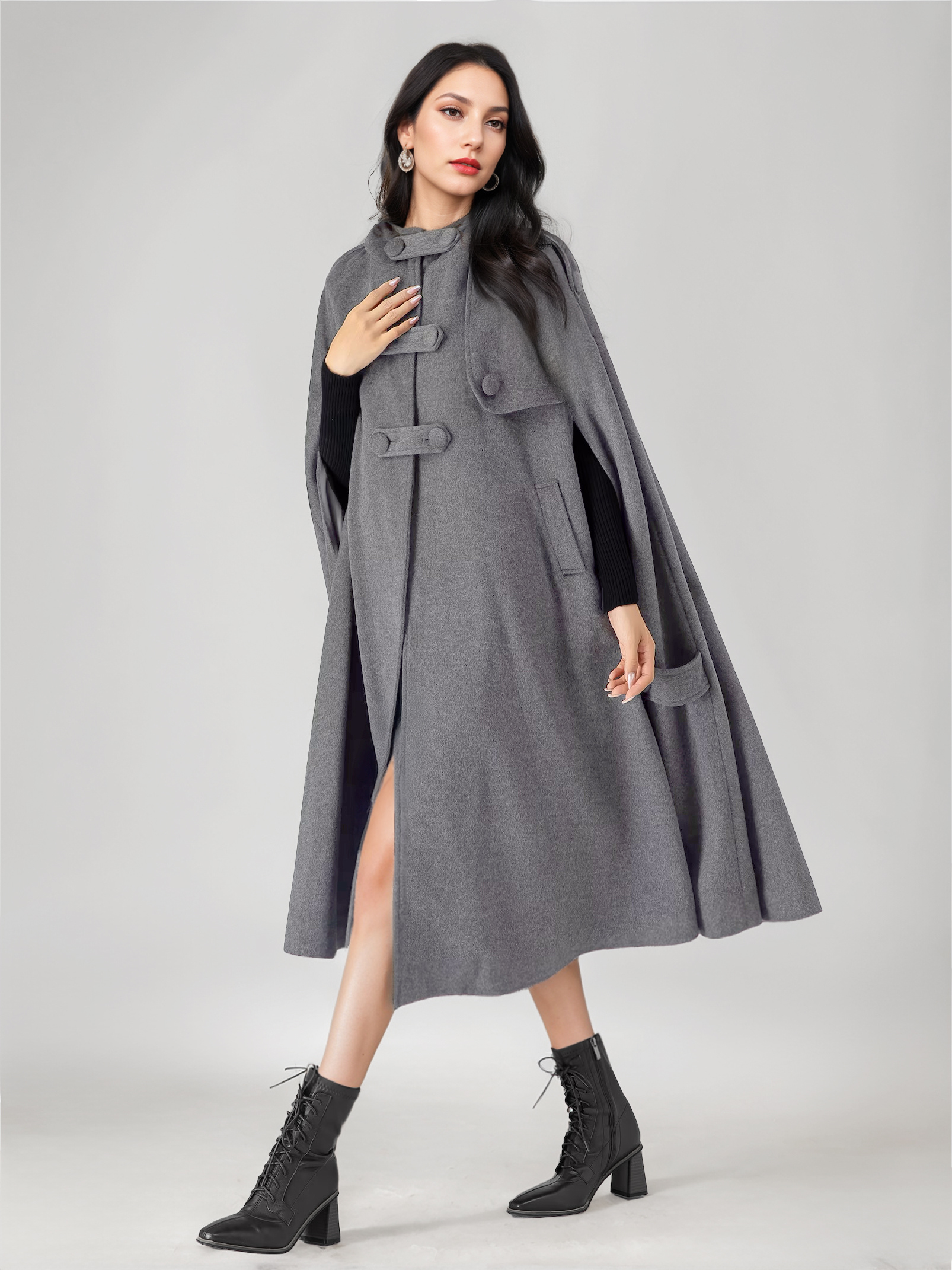 Wool Blend Cape Coat For Women Hooded Gray Oversized Long Poncho Outerwear 2026