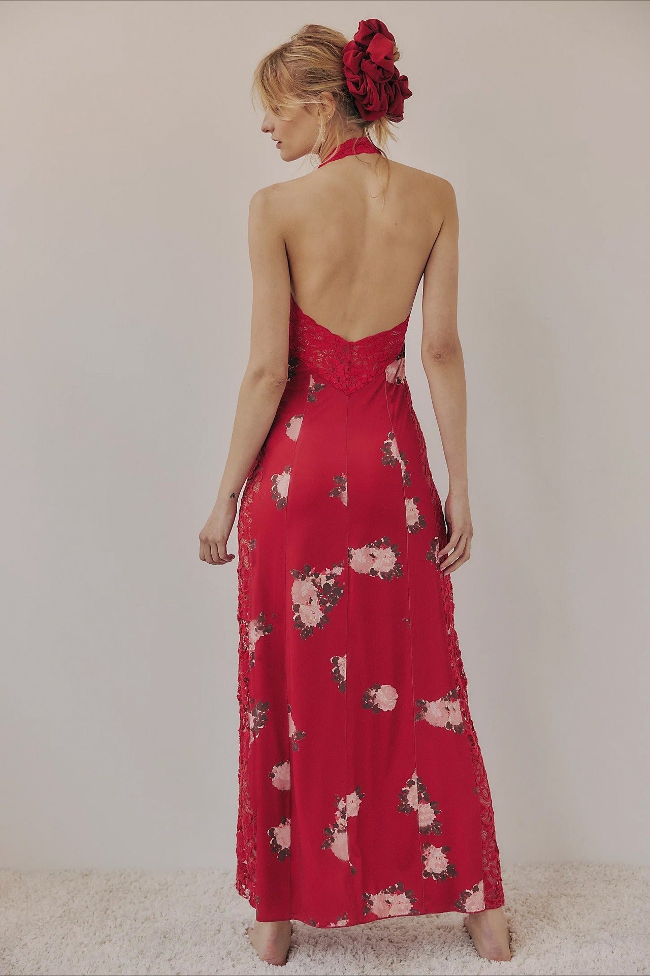 Floral Print Lace Panel Halter Neck High Split Maxi Dress