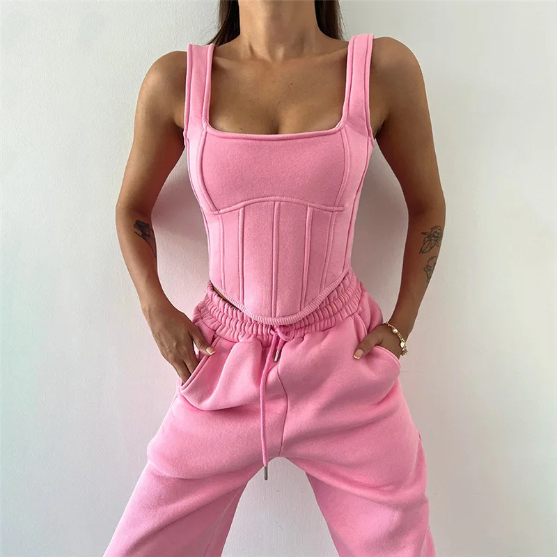 Ootddress Lace Up Pants Sets Women Slim Solid Splice Tank Tops Woman Long Sleeve Short Hoodies And Pant Suits Women Outfits Winter