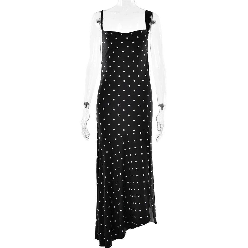 Ootddress Sexy Spaghetti Straps Slim High Slit Dress Women Polka Dot Maxi Dress V-Neck Temperament Slim Fit Party Evening Vestidos