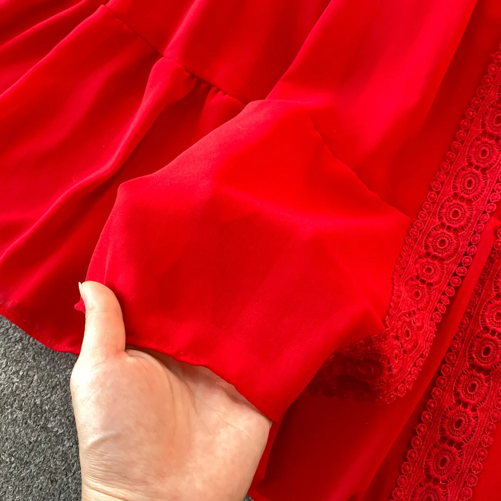 New Women Vintage Party Dress Summer Puff Sleeve Sexy V Neck Lace Single-breasted Long Dresses Ladies A Line Elegant Long Robe 16 New Women Vintage Party Dress Summer Puff Sleeve Sexy V Neck Lace Single-breasted Long Dresses Ladies A Line Elegant Long Robe