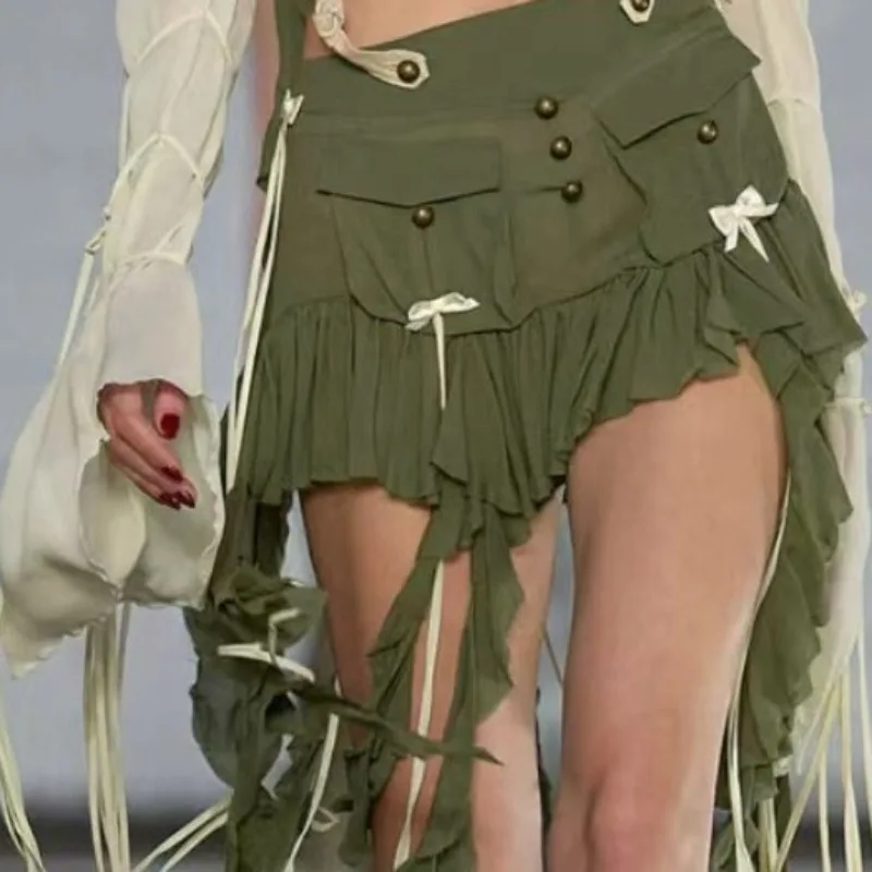 Ootddress Splice Folds Mini Skirt For Women Pocket High Waist Bnadage Skirts Womens 2025 Party Casual Lace Up Slim Skirts Ladies