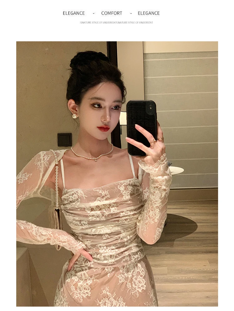 Sexy Bodycon Lace Long Dresses for Women Wedding Party Dress Spaghetti Strap with Smock French Vintage Evening Maxi Vestidos New 8 Sexy Bodycon Lace Long Dresses for Women Wedding Party Dress Spaghetti Strap with Smock French Vintage Evening Maxi Vestidos New