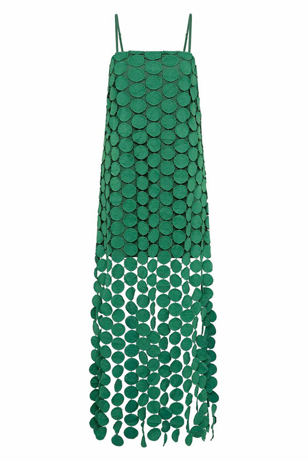 Juju Embroidered Cutout Polka Dots Square Neck Tassel Hem Slip Maxi Dress