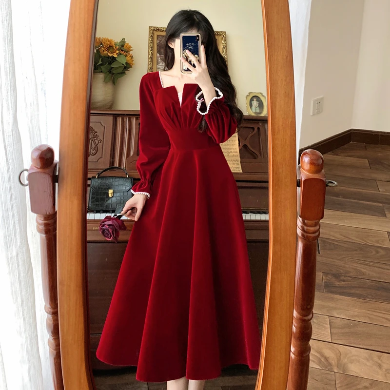 French Vintage A-line Wedding Party Dress Women Autumn Elegant Long Sleeve Backless Red Vestidos Mujer Princess Robe Spring New