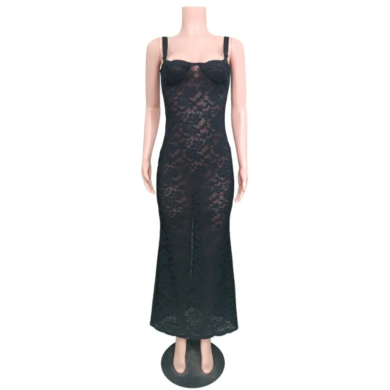 Ootddress Lace Black Dress Female Slim Hollow Out Spaghetti Backless Dress Elegant Party Evening Gown Split Women Maxi Dress Summer