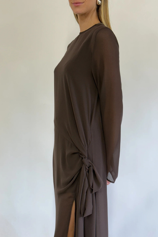 Fashionable Mesh See-through Round Neck Long Sleeve Tie Bow Slit Maxi Dress