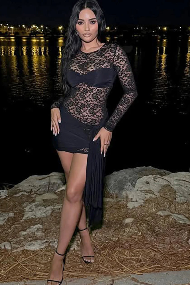 Floral Lace Long Sleeve Knotted Waist Draped Sash Bandeau Mini Dress