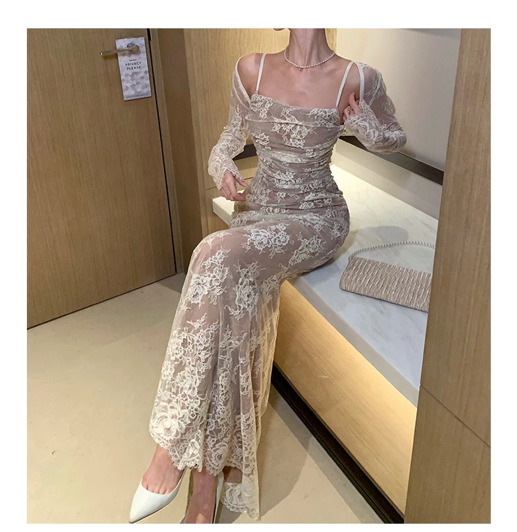 Sexy Bodycon Lace Long Dresses for Women Wedding Party Dress Spaghetti Strap with Smock French Vintage Evening Maxi Vestidos New 17 Sexy Bodycon Lace Long Dresses for Women Wedding Party Dress Spaghetti Strap with Smock French Vintage Evening Maxi Vestidos New