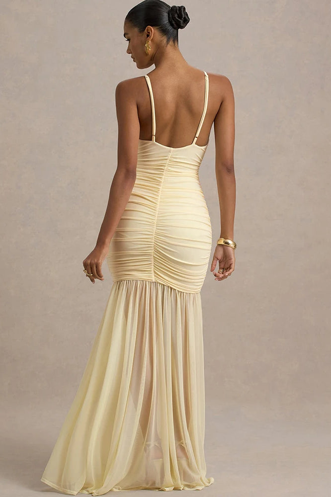 Deep V-Neck Spaghetti Strap Ruched Sheer Mesh Skirt Maxi Dress
