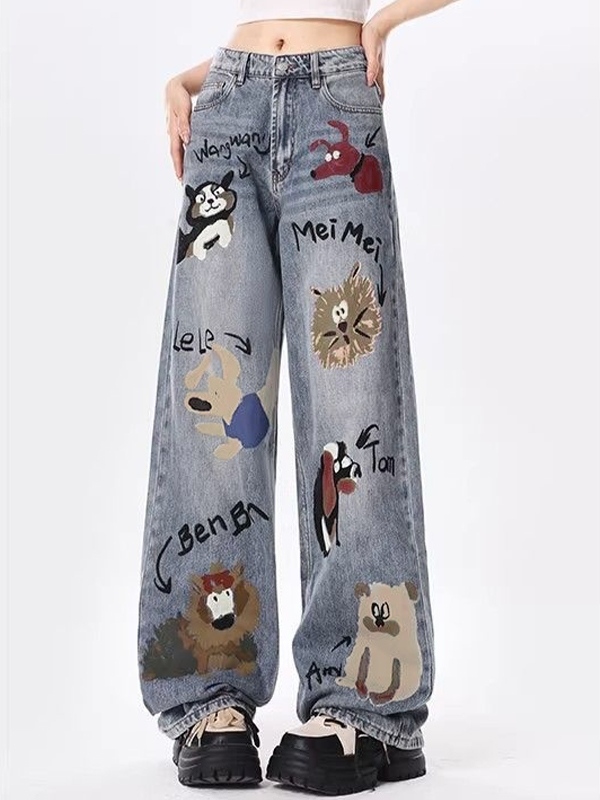Animal Graffiti Print High Rise Boyrfriend Jeans