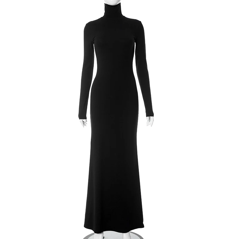 Black Noble Simple Dress High Collar Long Sleeve Basic Fishtail Prom Occasion Slim Dress Streetwear For Autumn 10 Black Noble Simple Dress High Collar Long Sleeve Basic Fishtail Prom Occasion Slim Dress Streetwear For Autumn