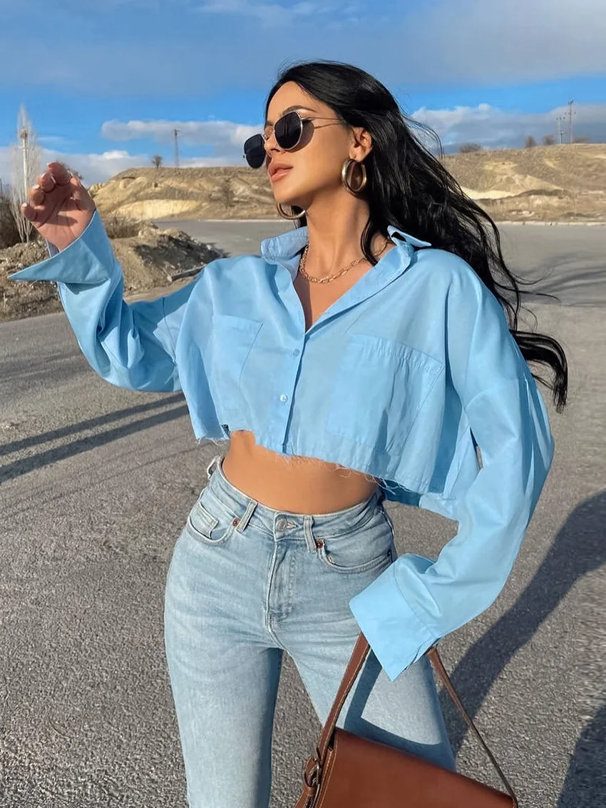 Ootddress Lapel Pocket Casual Shirts For Women Long Sleeve Loose Patchwork Crop top Y2k Outfit Solid High Street Cardigan Blouse
