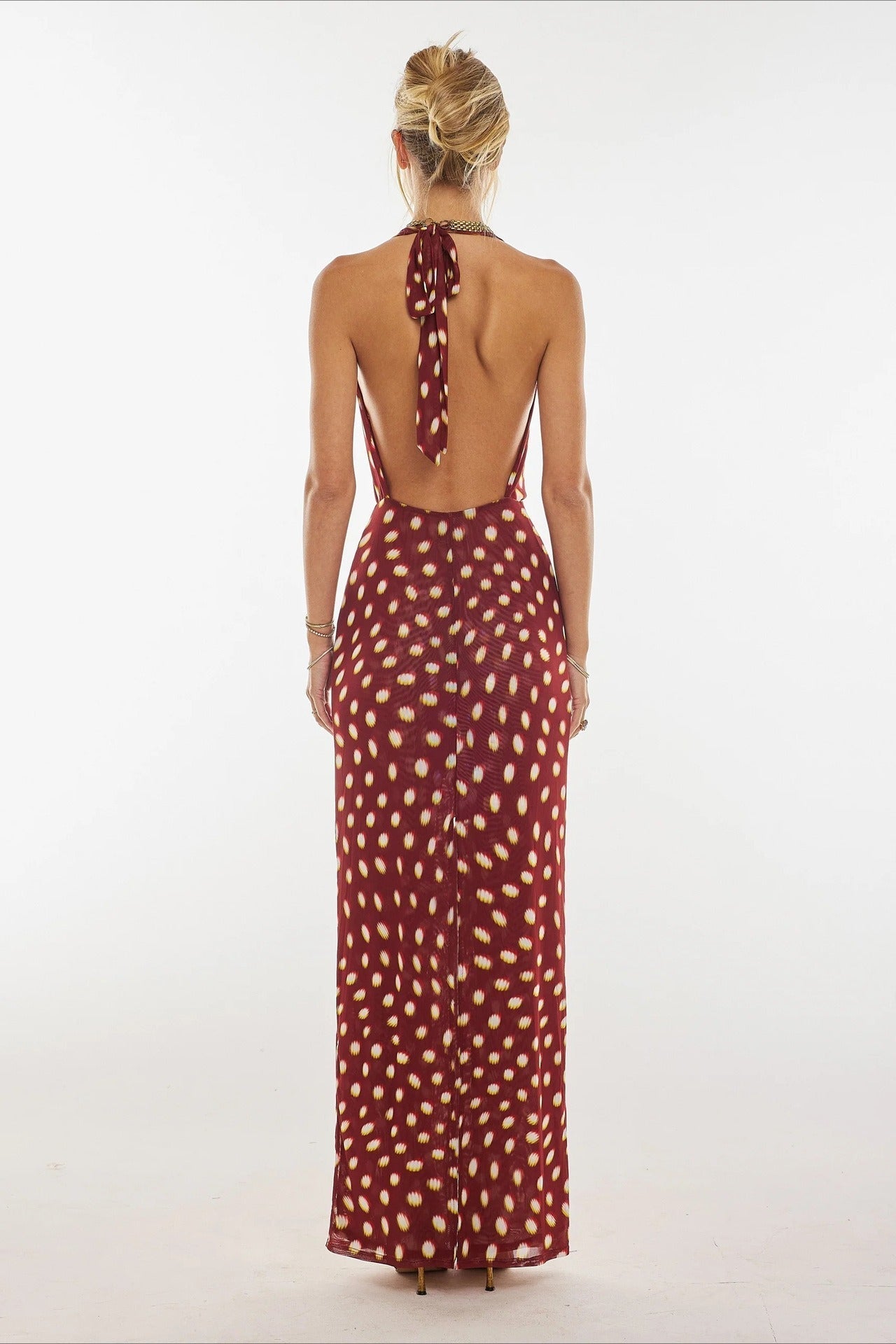Abstract Spotted Print Halter Neck Cowl Drape Maxi Dress