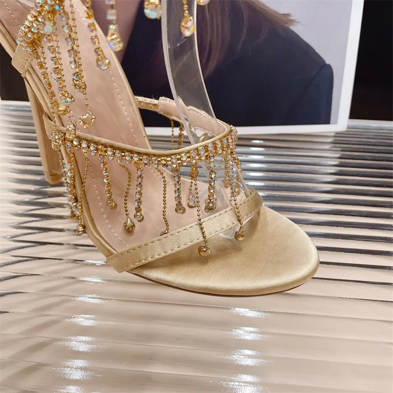 Liyke Elegant Women Wedding Banquet Crystal Tassel Stiletto Sandals Golden 10 Liyke Elegant Women Wedding Banquet Crystal Tassel Stiletto Sandals Golden