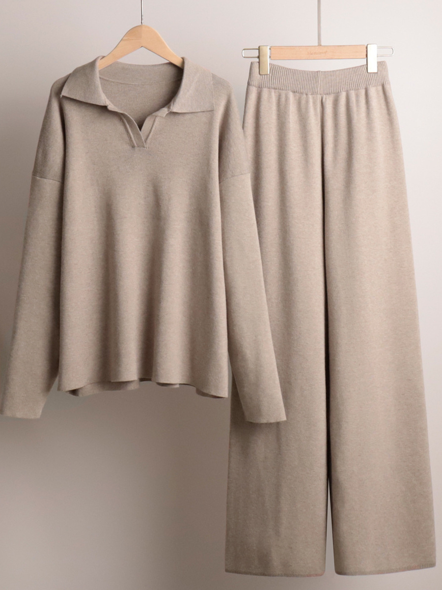 Knit Pant Set Drop Shoulder Pullover And Wide Leg Trousers For Women