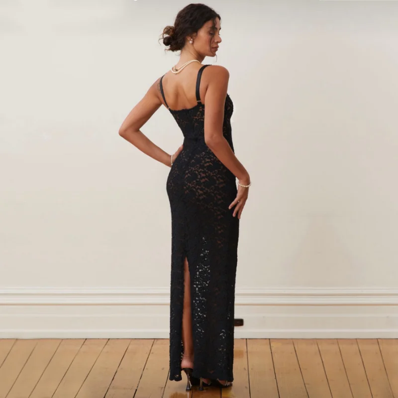 Ootddress Lace Black Dress Female Slim Hollow Out Spaghetti Backless Dress Elegant Party Evening Gown Split Women Maxi Dress Summer