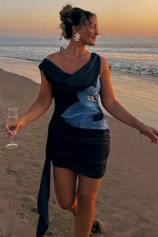 Tropical Floral Print Off Shoulder Ruched Tiered Bodycon Mini Dress