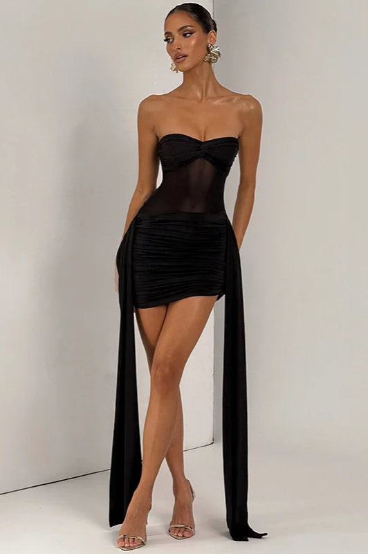 Strapless Twist Knot Mesh Panel Ruched Asymmetric Hem Mini Dress