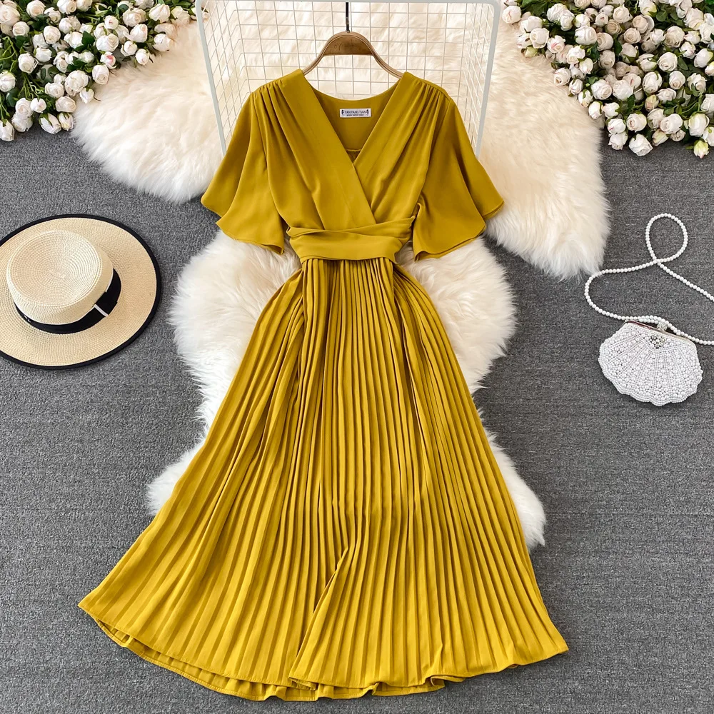 Women Elegant Pleated Dress Summer Short Sleeve V-neck Vintage Dresses Ladies A Line High Waisted Midi Dress