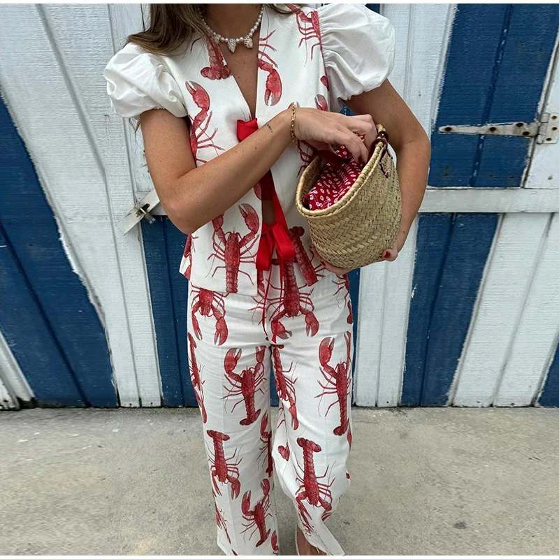 Cartoon Cray Printing Long Pants Set For Women 2025 Summer Short Sleeve Shirt High Waist Wide Leg Pant 2 Piece Sets Lady Outfits