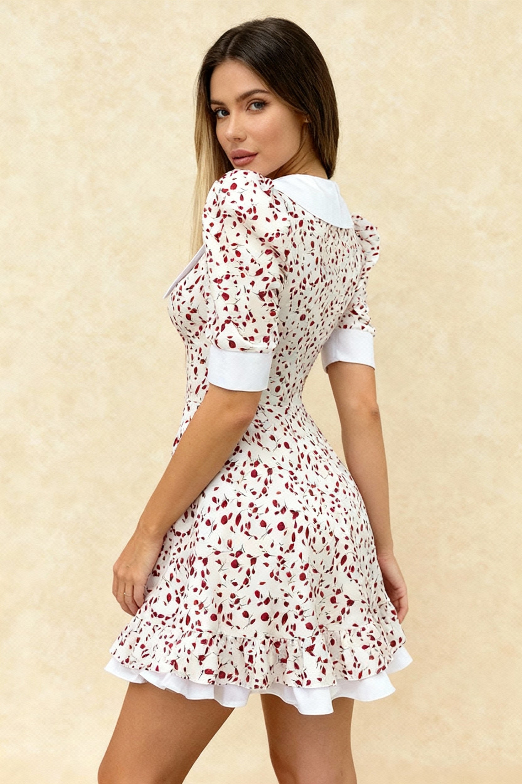 Ditsy Floral Oversized Collar Puff Sleeve Ruffle Hem Fit and Flare Mini Dress