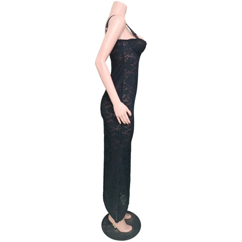 Ootddress Lace Black Dress Female Slim Hollow Out Spaghetti Backless Dress Elegant Party Evening Gown Split Women Maxi Dress Summer