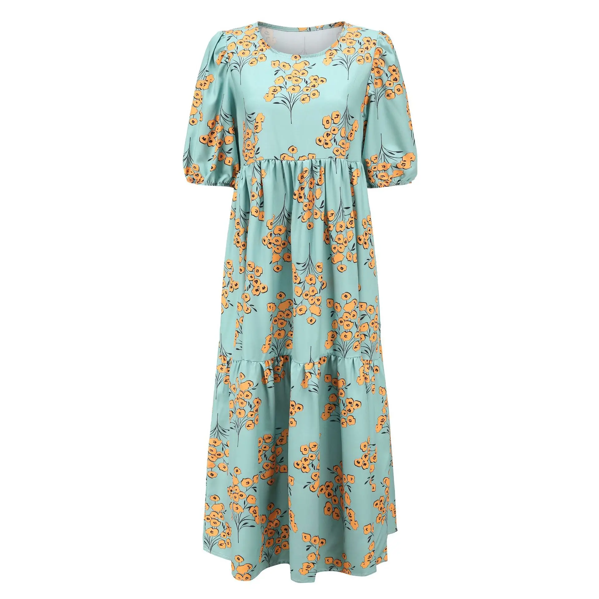 2025 Summer New Women's Print Dress Puff Short Sleeves Ruffles Loose A-line Midi Dresses Fashion Casual Beach Vacation Vestidos 24 undefined