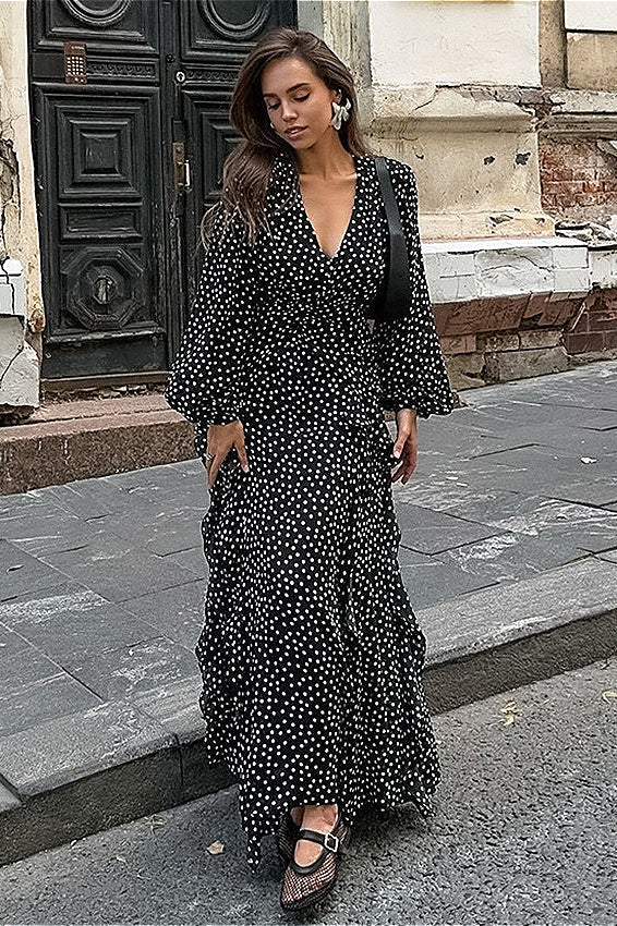 Black V-Neck Polka Dot Puff Sleeve A-Line Maxi Dress