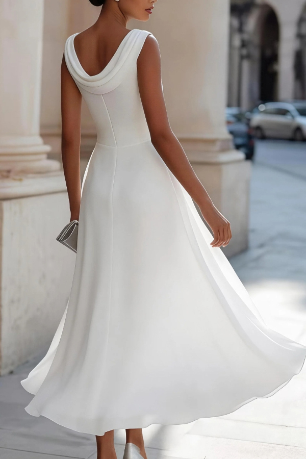 Solid Color Swing Collar Sleeveless Elegant Fitted Waist Full Hem Midi Dress