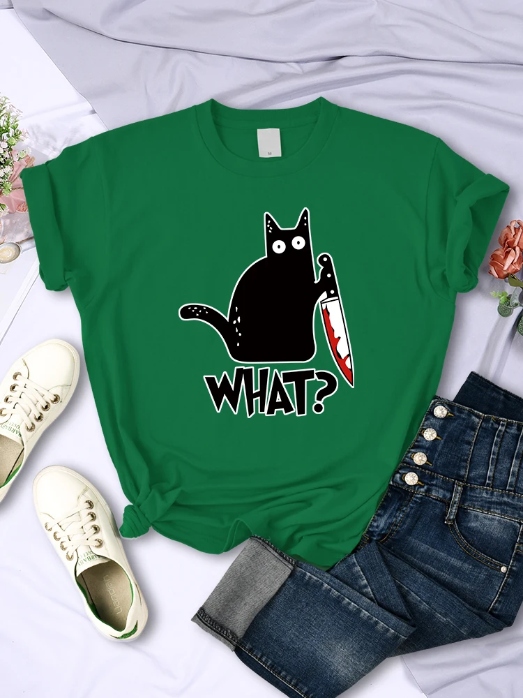 Kitchen Knife Black Cat Wha? Print Female Short Sleeve Fashion Breathable T-Shirts Summer Cool Tee Clothes Street Hip Hop Tops